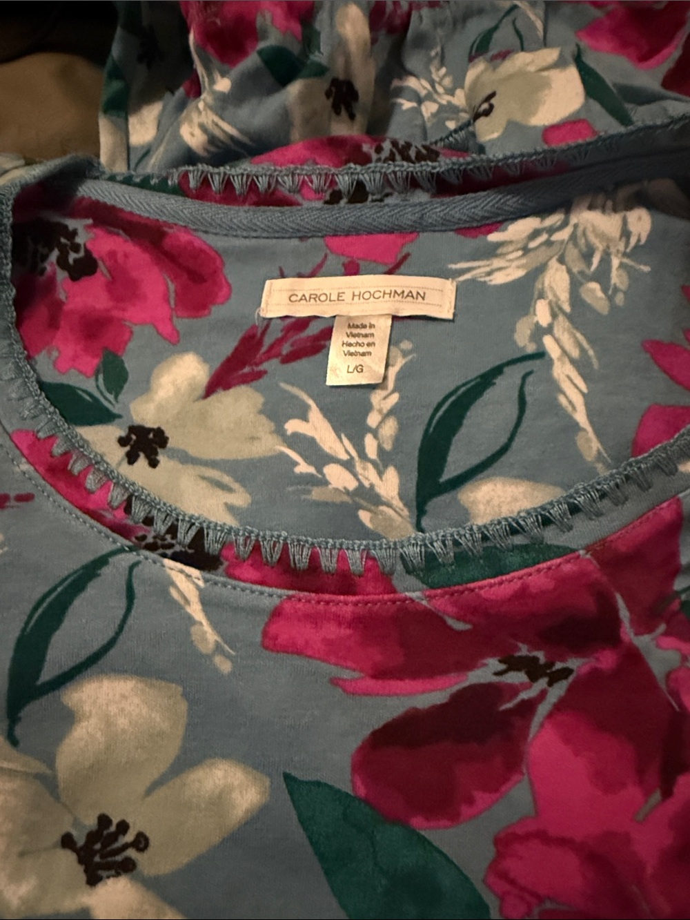 Midnight by Carole Hochman Light Blue Pajama Set with Bright Pink Floral Print
